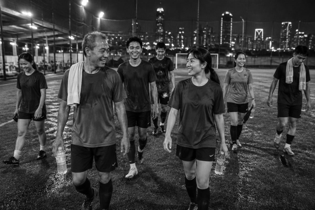 Mixed-age football players leaving a Bangkok pitch together after a game