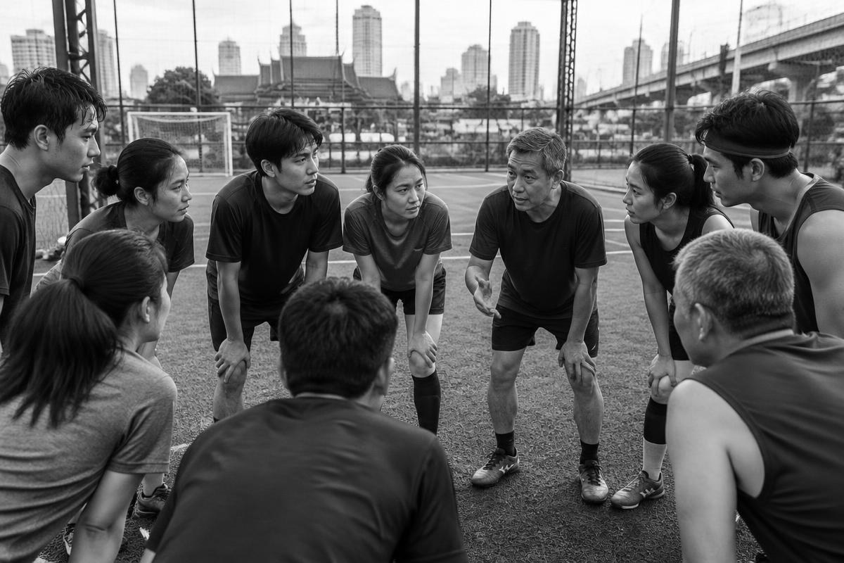 A mixed-age football group gathering on a Bangkok pitch