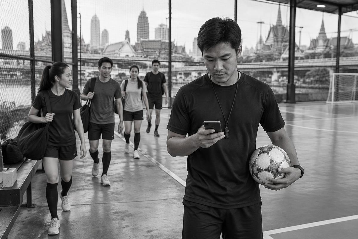 A football host preparing for players arriving at a Bangkok pitch