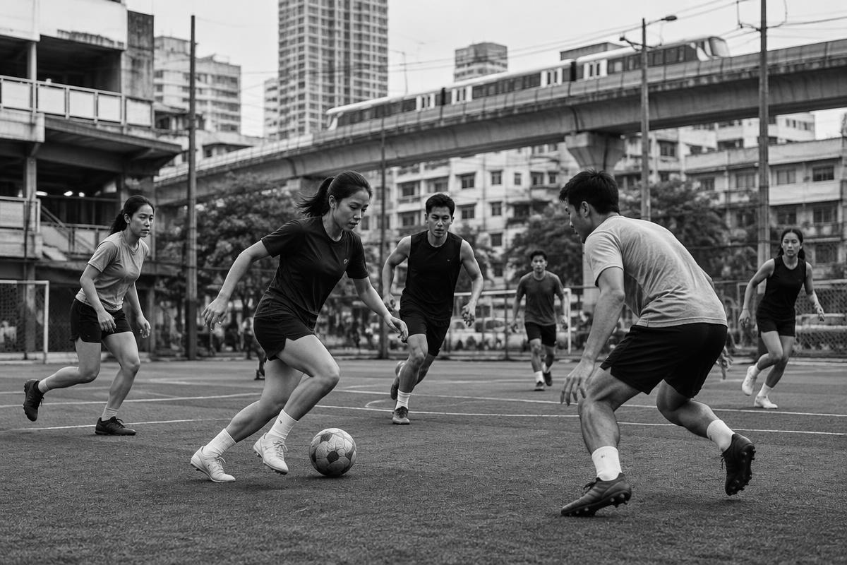 Women and men playing pickup football near elevated rail in Bangkok