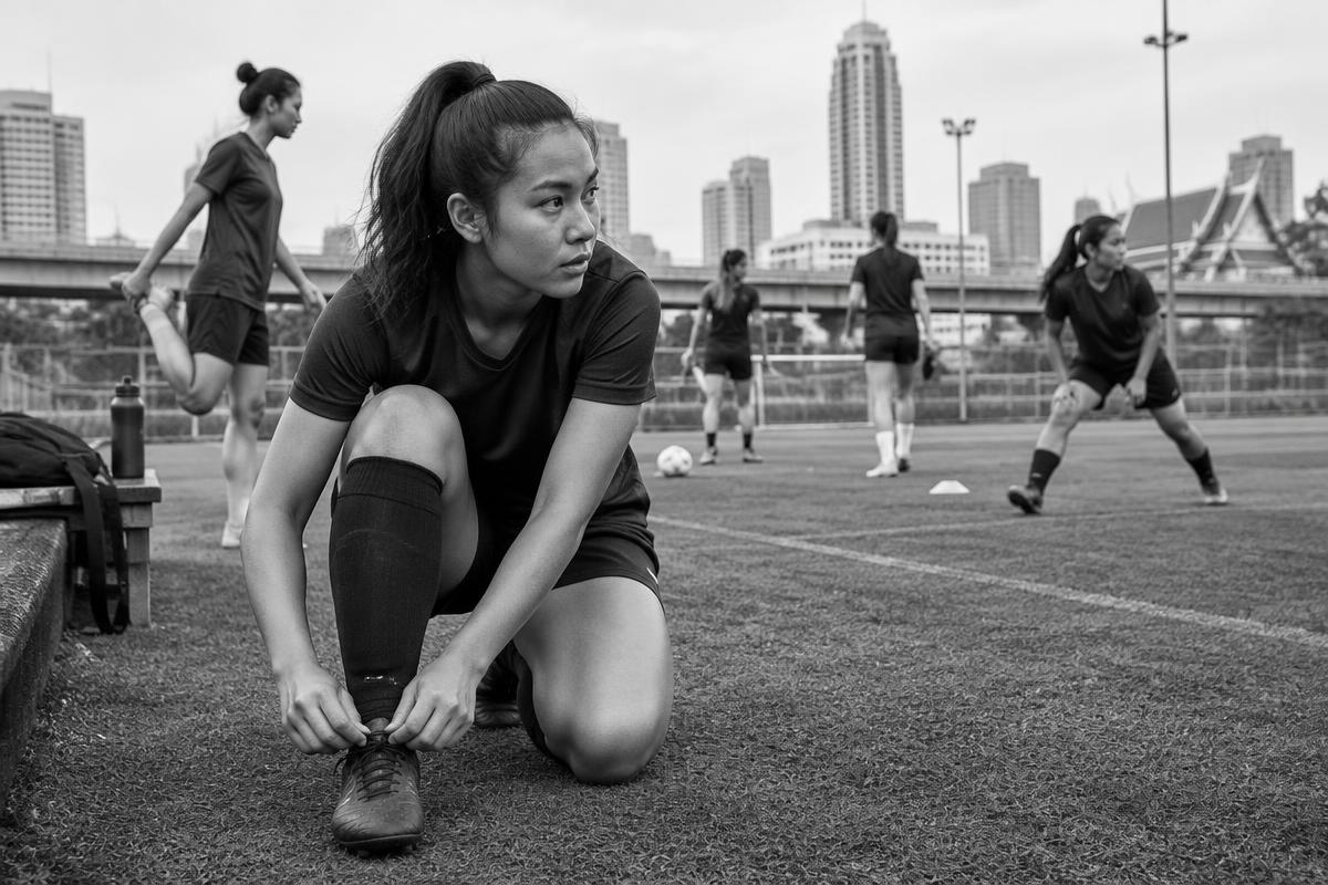 A football player preparing for a community game in Bangkok